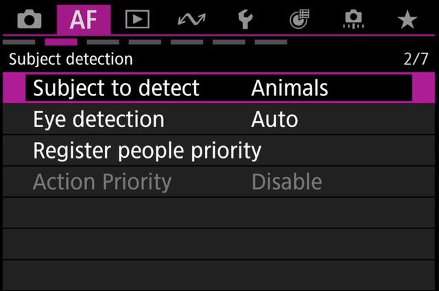 Canon R5ii AF menu 2 subject detection