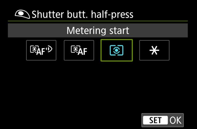Canon R5 MKii Green menu - Shutter half pressed metering start custom button