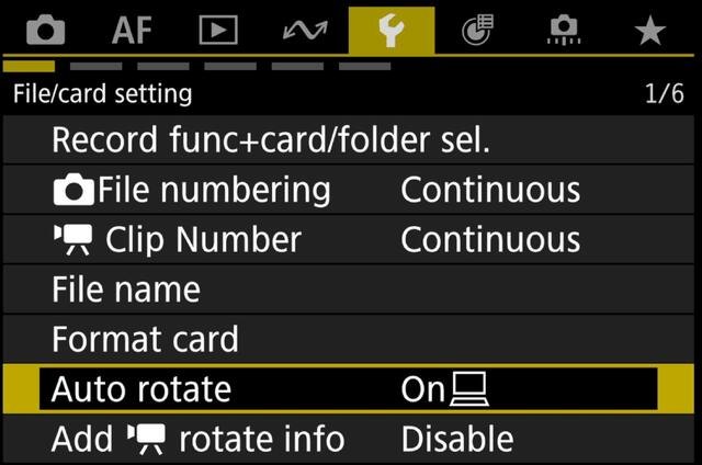 Canon R5ii Yellow menu auto rotate on computer only