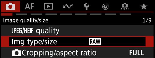 Canon R5ii menu settings RED MENU 1 Image type and quality
