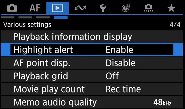 How to enable highlight alert on Canon EOS R5ii. Blue menu number 4