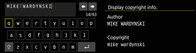 Canon R5ii yellow menu adding copyright info to your images