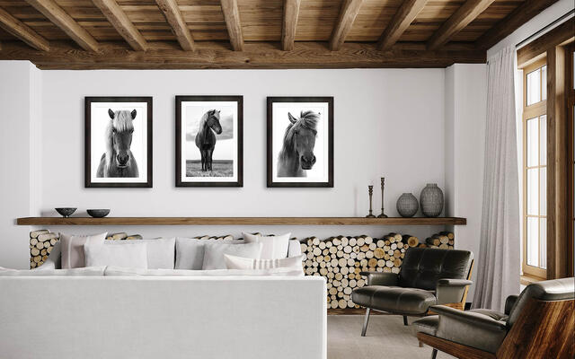 Three black and white fine art horse photographs hanging in a modern room with white walls for a highly refined modern look.