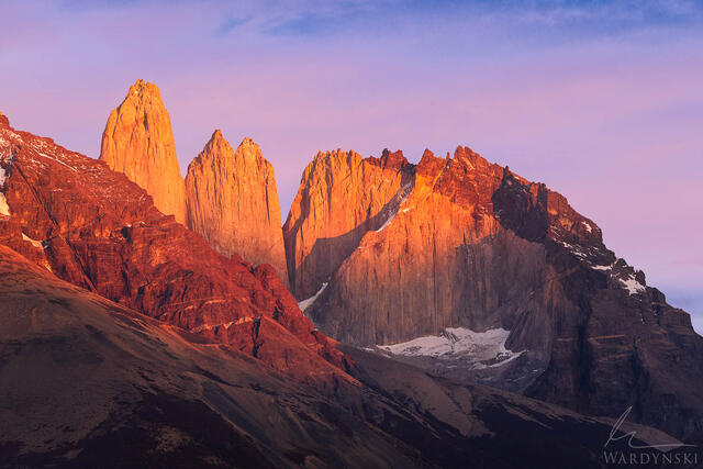 Morning light hits the towers of Torres Del Paine.