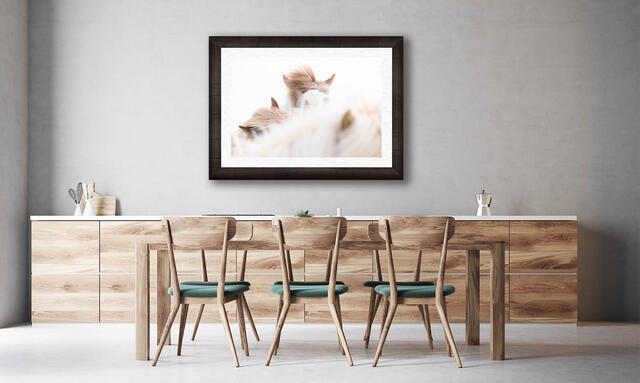 highly refined and slightly abstract equine art on a white sky backdrop.