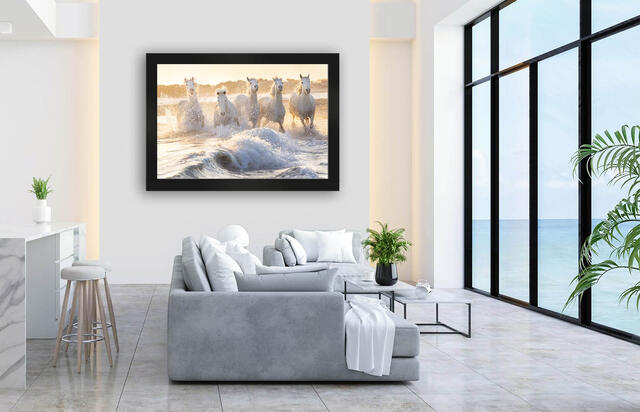 Large scale fine art equine photography in luxury home by ocean