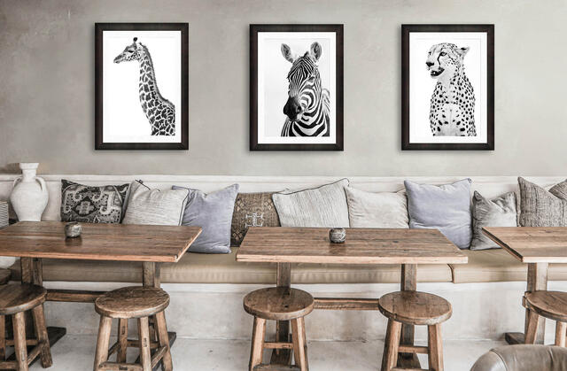 Three framed black and white luxury artworks with African wildlife theme hanging in modern room.