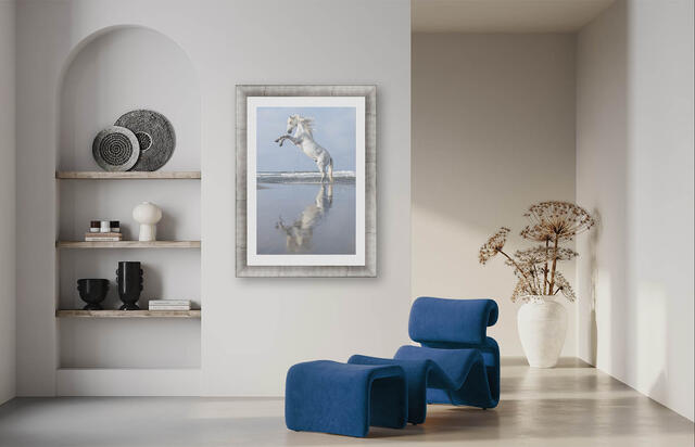 Luxury fine art Photograph of horse rearing up on beach in modern home