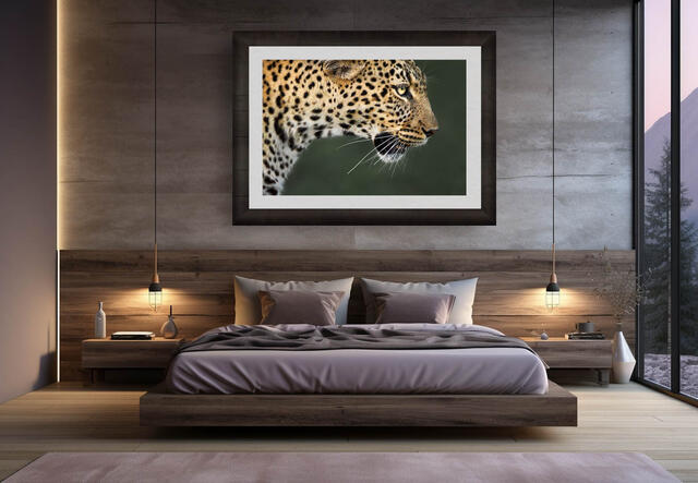 Luxury wildlife art of a leopard head in a luxury home.