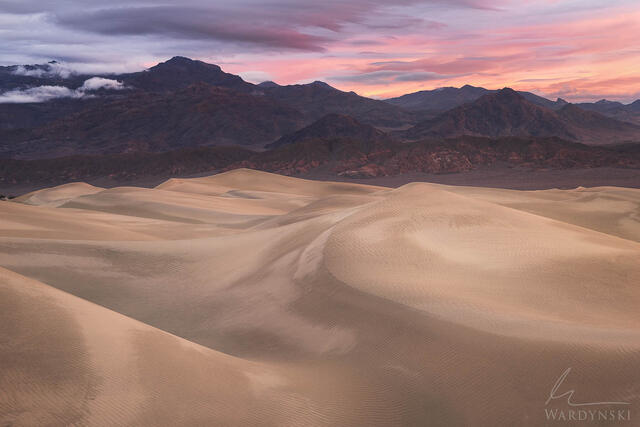 Pink cloud illuminate at sunrise in the mesquite dunes of Death Valley National Park