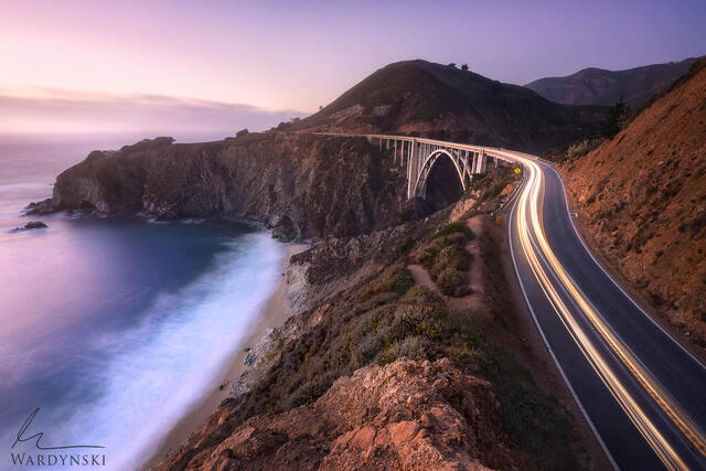 Fine art Photograph of headlight streaking down highway one along the Big Sur coast line in California